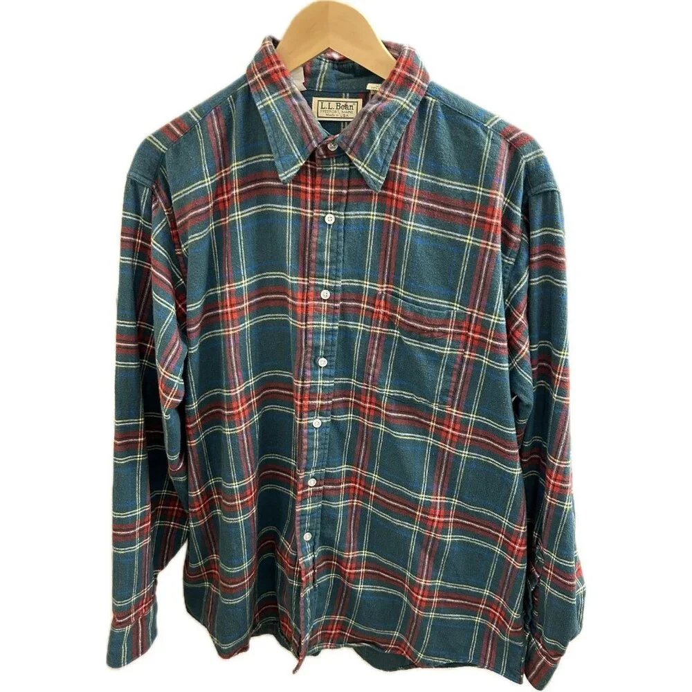 LL Bean VTG 90s Flannel Button Up Shirt Plaid Red Green Grunge Mens Xl